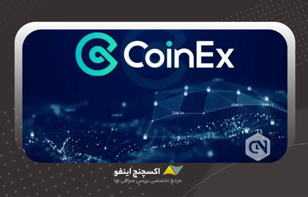 A close-up of a smartphone screen showing the CoinEx cryptocurrency exchange logo and website. The logo consists of a white letter C with a blue circle around it. The website displays various information and options related to crypto trading. The text “Exchange Info” is written in white on a dark blue background at the bottom of the screen.